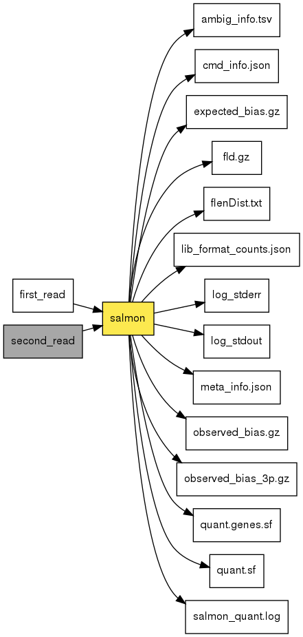 digraph foo {
   rankdir = LR;
   splines = true;
   graph [fontname = Helvetica, fontsize = 12, size = "14, 11", nodesep = 0.2, ranksep = 0.3];
   node [fontname = Helvetica, fontsize = 12, shape = rect];
   edge [fontname = Helvetica, fontsize = 12];
   salmon [style=filled, fillcolor="#fce94f"];
   in_0 [label="first_read"];
   in_0 -> salmon;
   in_1 [label="second_read", style=filled, fillcolor="#a7a7a7"];
   in_1 -> salmon;
   out_2 [label="ambig_info.tsv"];
   salmon -> out_2;
   out_3 [label="cmd_info.json"];
   salmon -> out_3;
   out_4 [label="expected_bias.gz"];
   salmon -> out_4;
   out_5 [label="fld.gz"];
   salmon -> out_5;
   out_6 [label="flenDist.txt"];
   salmon -> out_6;
   out_7 [label="lib_format_counts.json"];
   salmon -> out_7;
   out_8 [label="log_stderr"];
   salmon -> out_8;
   out_9 [label="log_stdout"];
   salmon -> out_9;
   out_10 [label="meta_info.json"];
   salmon -> out_10;
   out_11 [label="observed_bias.gz"];
   salmon -> out_11;
   out_12 [label="observed_bias_3p.gz"];
   salmon -> out_12;
   out_13 [label="quant.genes.sf"];
   salmon -> out_13;
   out_14 [label="quant.sf"];
   salmon -> out_14;
   out_15 [label="salmon_quant.log"];
   salmon -> out_15;
}