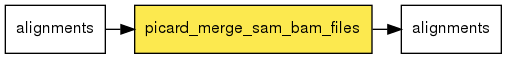 digraph foo {
   rankdir = LR;
   splines = true;
   graph [fontname = Helvetica, fontsize = 12, size = "14, 11", nodesep = 0.2, ranksep = 0.3];
   node [fontname = Helvetica, fontsize = 12, shape = rect];
   edge [fontname = Helvetica, fontsize = 12];
   picard_merge_sam_bam_files [style=filled, fillcolor="#fce94f"];
   in_0 [label="alignments"];
   in_0 -> picard_merge_sam_bam_files;
   out_1 [label="alignments"];
   picard_merge_sam_bam_files -> out_1;
}